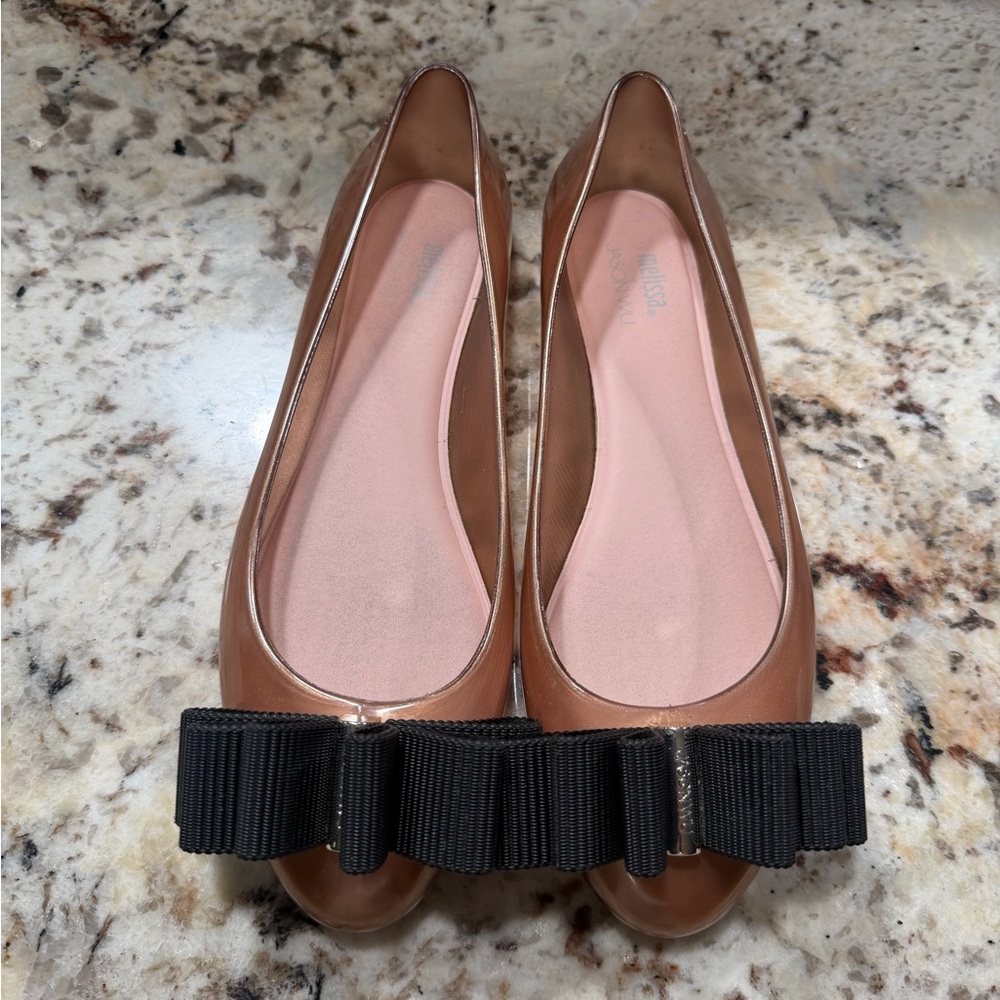 Melissa woman Rose gold Flats with Black Bow slip on